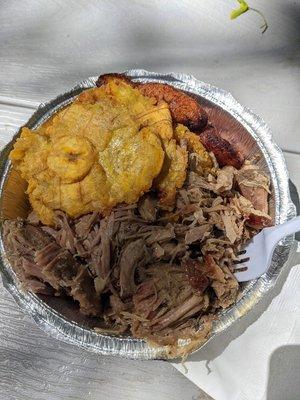 Pernil Bowl with Maduros (sweet) and Tostones (savory)