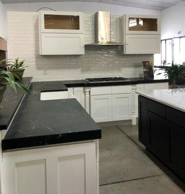 Soapstone counters with a marble island in our designer showroom