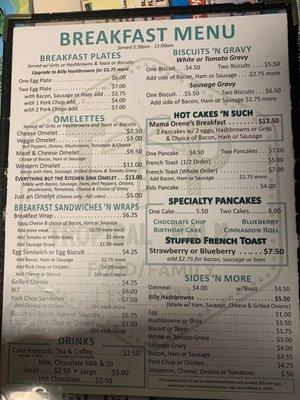 Breakfast menu