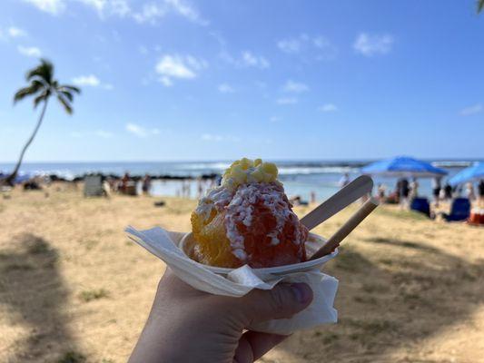 Guava and Passion Fruit shave ice with coconut cream and pineapple