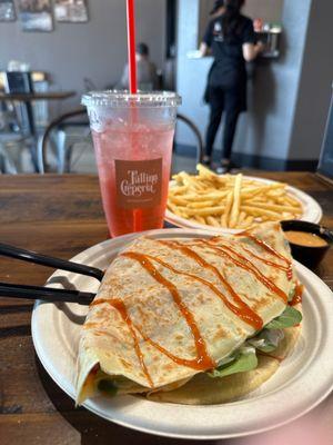 Our Sunday go to. Buffalo Chicken Ranch Crepe with cherry vanilla Italian soda and regular fries. Chipotle sauce is a must.