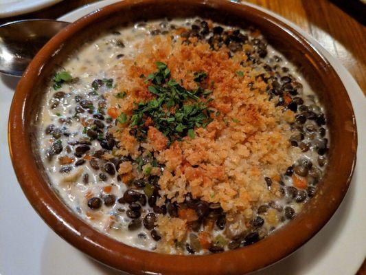 $14 Crock of French Lentils with roasted garlic cream, brunoise, local kale, & breadcrumbs