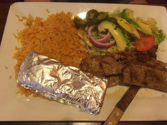 Carne asada, avocado, rice and tortillas.