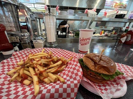 Cheeseburger, fries and soda