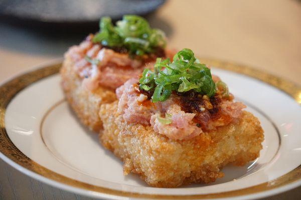 crispy rice + spicy tuna small plate. Might be my favorite thing. rice so crisp with yummy spicy tuna!