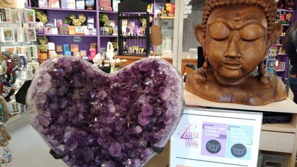 Amethyst heart and Buddha bust.