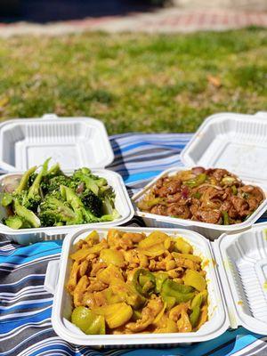 Curry chicken, spicy Mongolian beef, sautéed broccoli