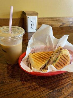 Iced 20 oz French Quarter Caramel Latte with Oat Milk and Cubano Sandwich