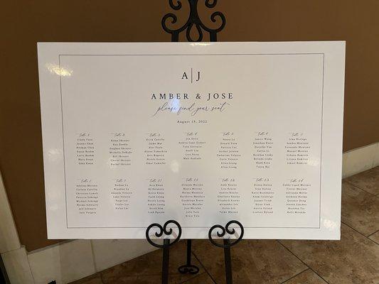 24 x 36 seating chart printed on foam board.