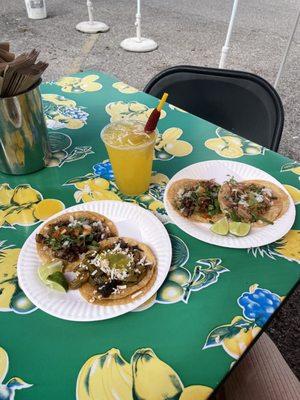 ig: @whatsviveating  |  suadero and nopalitos (left), mango agua fresca, and suadero and carnitas (right)