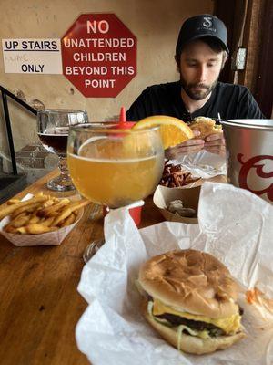 Cheese Burger and large beer