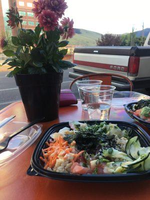 Sushi bowl right outside Poke! There are a few tables outside if you'd like to enjoy downtown Missoula.