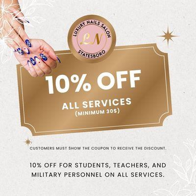 From gel to acrylics, we have everything to make your nails shine this season! Plus, 10% off for students and military.