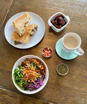 Lunch Spread - Cuban Philly, Plantains, Cafe con Leche and Vegan Chorizo Bowl