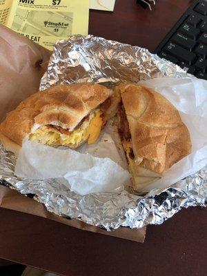 Bacon egg and cheese on a roll for lunch, $4