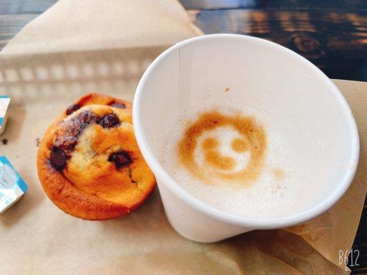 Chocolate chip muffin and medium cappuccino