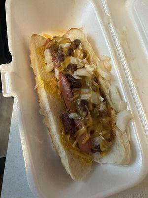 Hotdog with chili mustard and onions. Decent