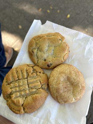 Chocolate chip, peanut butter, and snickerdoodle cookies