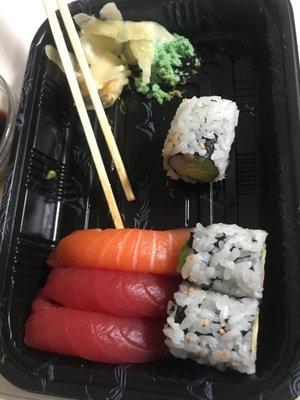 $19.03 regular sushi tray. This is the same tray Whole Foods uses to serve their 10 piece sushi item.