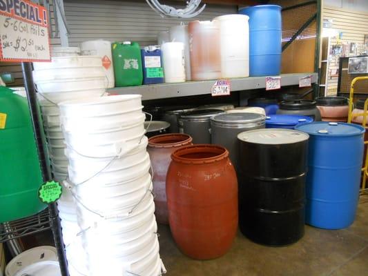 We carry large quantities of barrels, buckets and IBC totes.  Call  ahead for large orders.