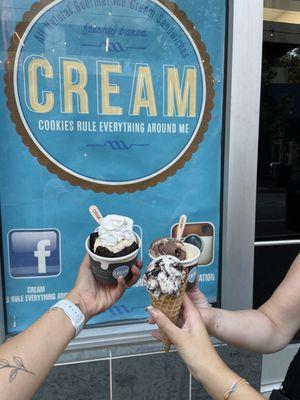 Ice Cream cone, brownie sundae, and a cup of ice cream