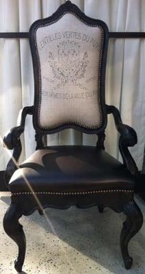 Refinished and Upholstered custom king chair with nail heads.