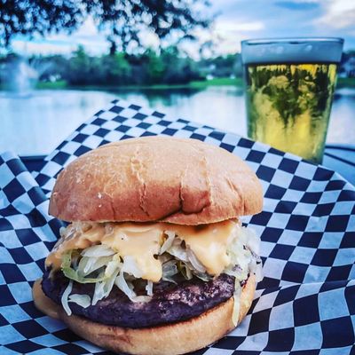 Bavarian burger with sauerkraut and craft beer cheese sauce