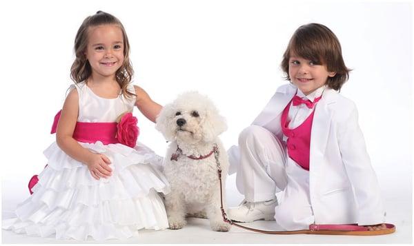 Flower girl dresses, communion dresses, christening, tuxedos, and suits.