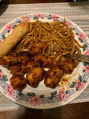 Take home food! Very delicious! Orange chicken and chicken lo mien with chicken egg roll!