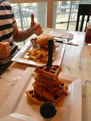 Saturday afternoon lunch: chicken and waffles and the bistro burger.