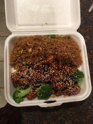 Sesame chicken dinner plate for take out.