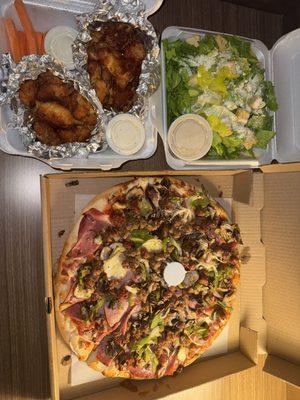 The pie combo Buffalo classic wings Spicy wings Caesar salad