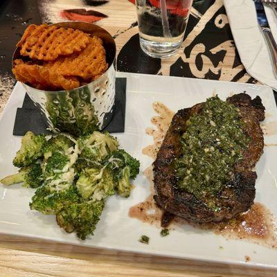 Grilled Chimichurri Steak, Sweet Potato Fries, Broccoli with Garlic