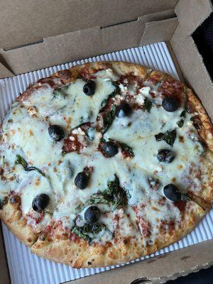 Medium zorba the pizza: spinach, red onions, whole black olives & feta cheese