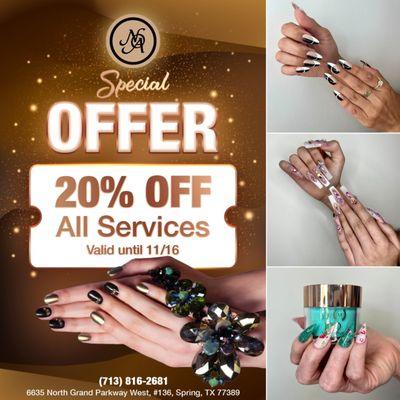 SPECIAL OFFER
20% OFF All Services
Valid until 11/16

Get ready to pamper yourself with a fabulous deal from Nail of America!