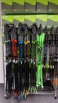 Downhill ski poles and helmets