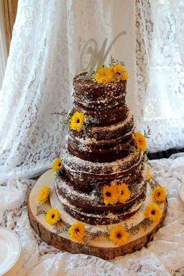 Naked German chocolate wedding cake.