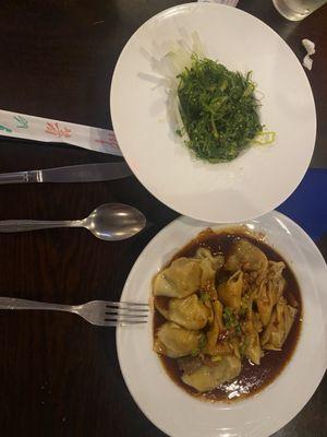 SS6. Seaweed Salad and CA19. Pan Fried Wonton in Garlic Sauce/