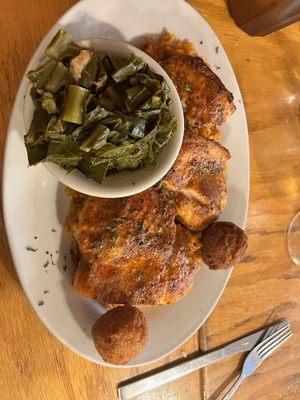 Cajun Sword fish, hush puppies, collard greens.