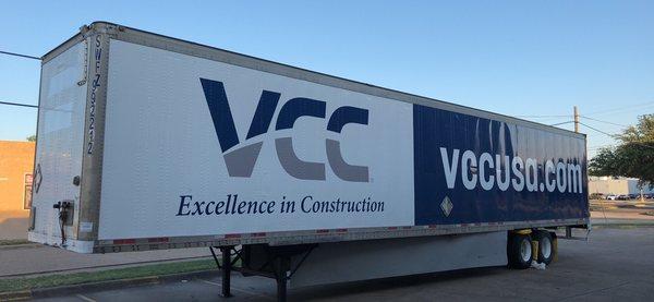 No job is too big!  This trailer was wrapped on both sides and works as a "moving billboard" for VCC.