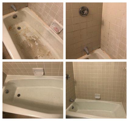 Clay from Act One did an amazing job on our DISGUSTING bathtub and Tiles. Here's the before and after photos. Clay from Act One is amazing!!