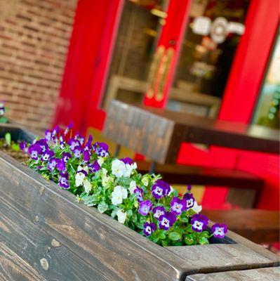 Cheerful flower box in the front.