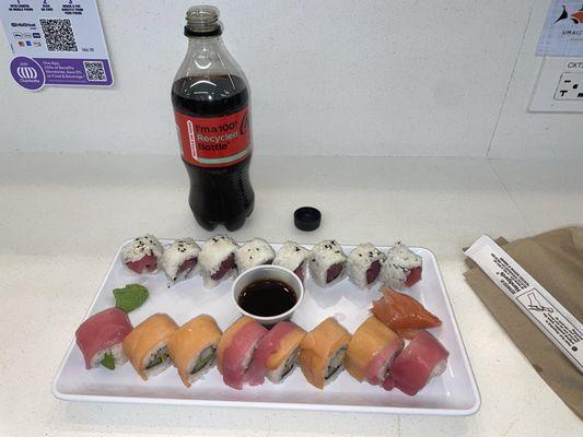 Rainbow roll some other roll and Coke zero