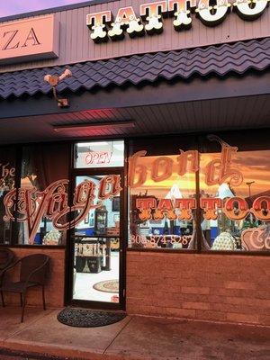 Our Studio entrance, Maui sunset reflected in the window.