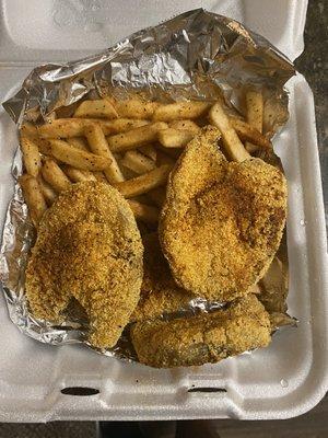 Catfish steak dinner with fries