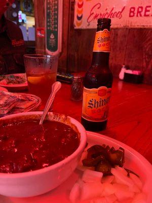 Bowl of red and a Shiner.