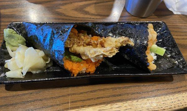 Soft Shell Crab Hand Roll and Spicy Scallop Hand Roll