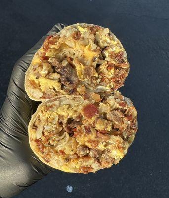 Mamba Breakfast Burrito - carne asada, crispy bacon, eggs, hashbrown, American cheese