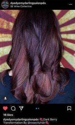 Deep violet/red hair color, haircut by Sara