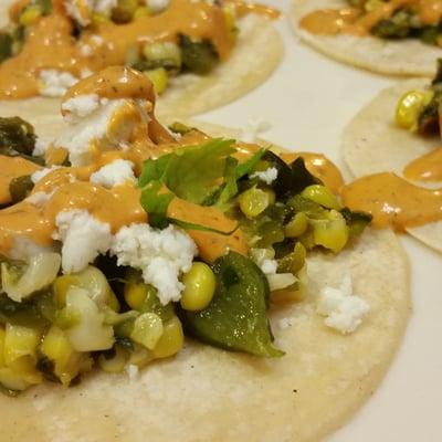 Roasted poblano peppers, corn and garlic tacos